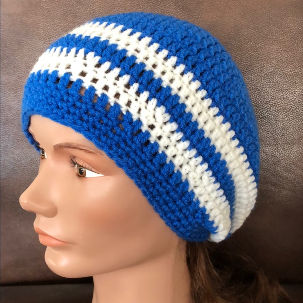 Blue & off white slouchy hat winter beanie